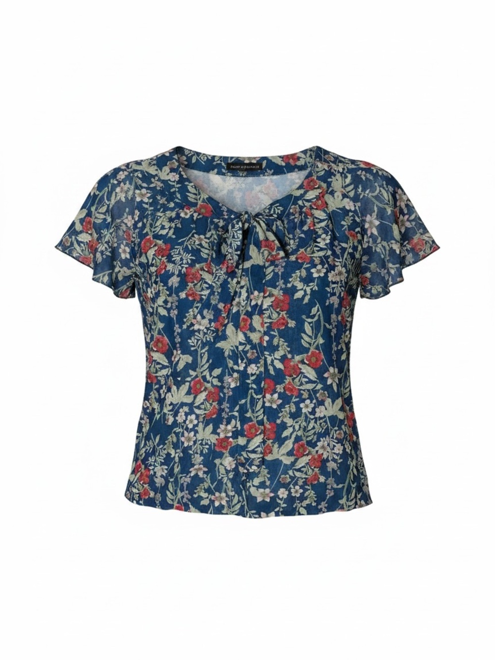 Sara Michelle Blue Floral Tie-Neck Flutter Sleeve Blouse